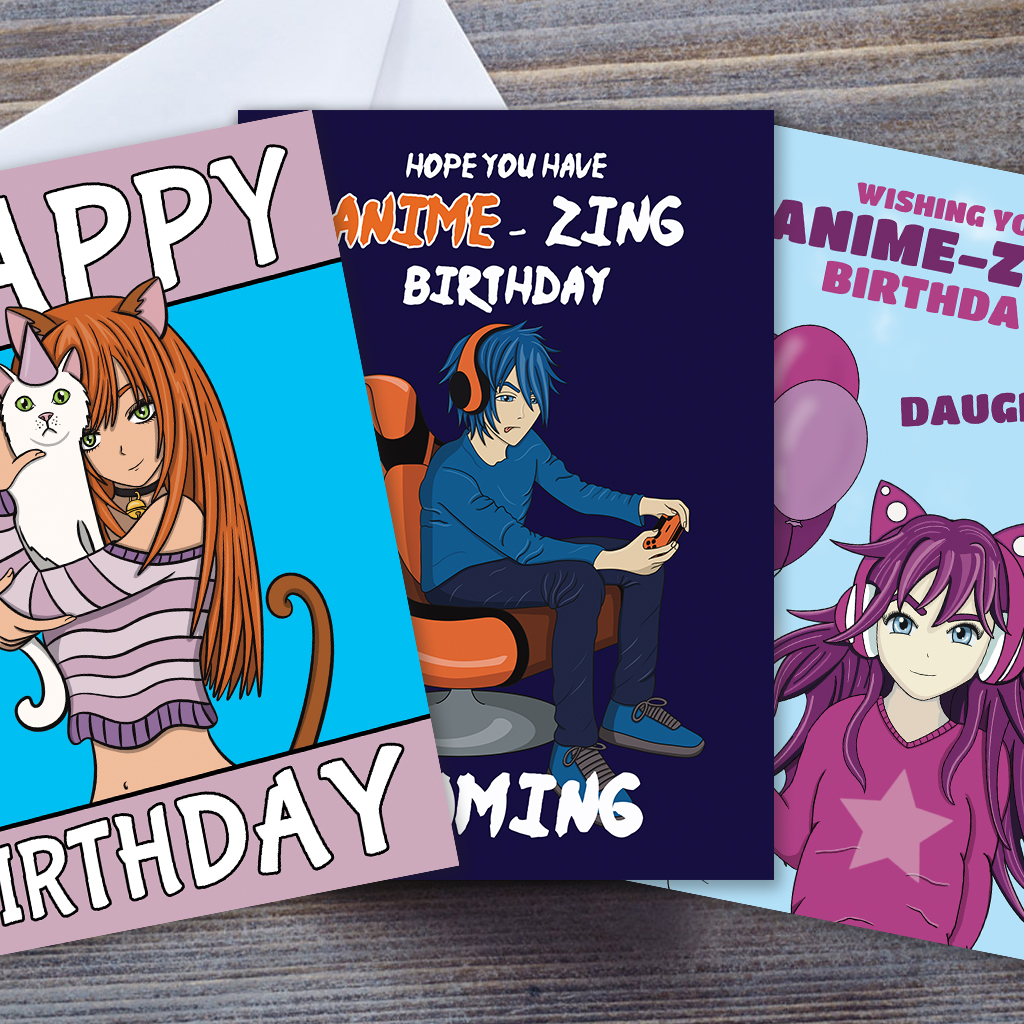 Three anime and manga style birthday cards.