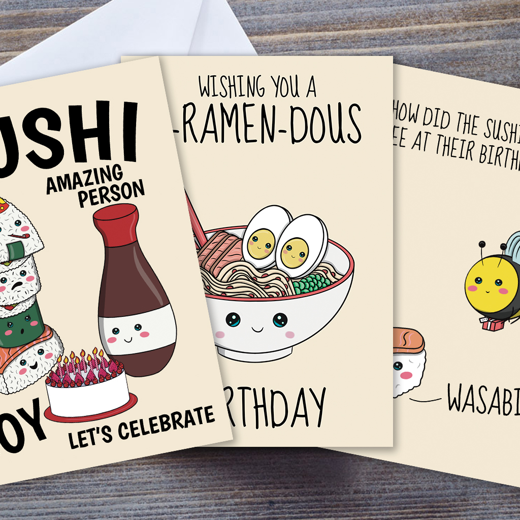 Three cute food themed birthday cards.