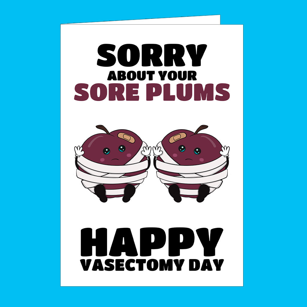 Funny vasectomy day card with a drawing of two injured plums.