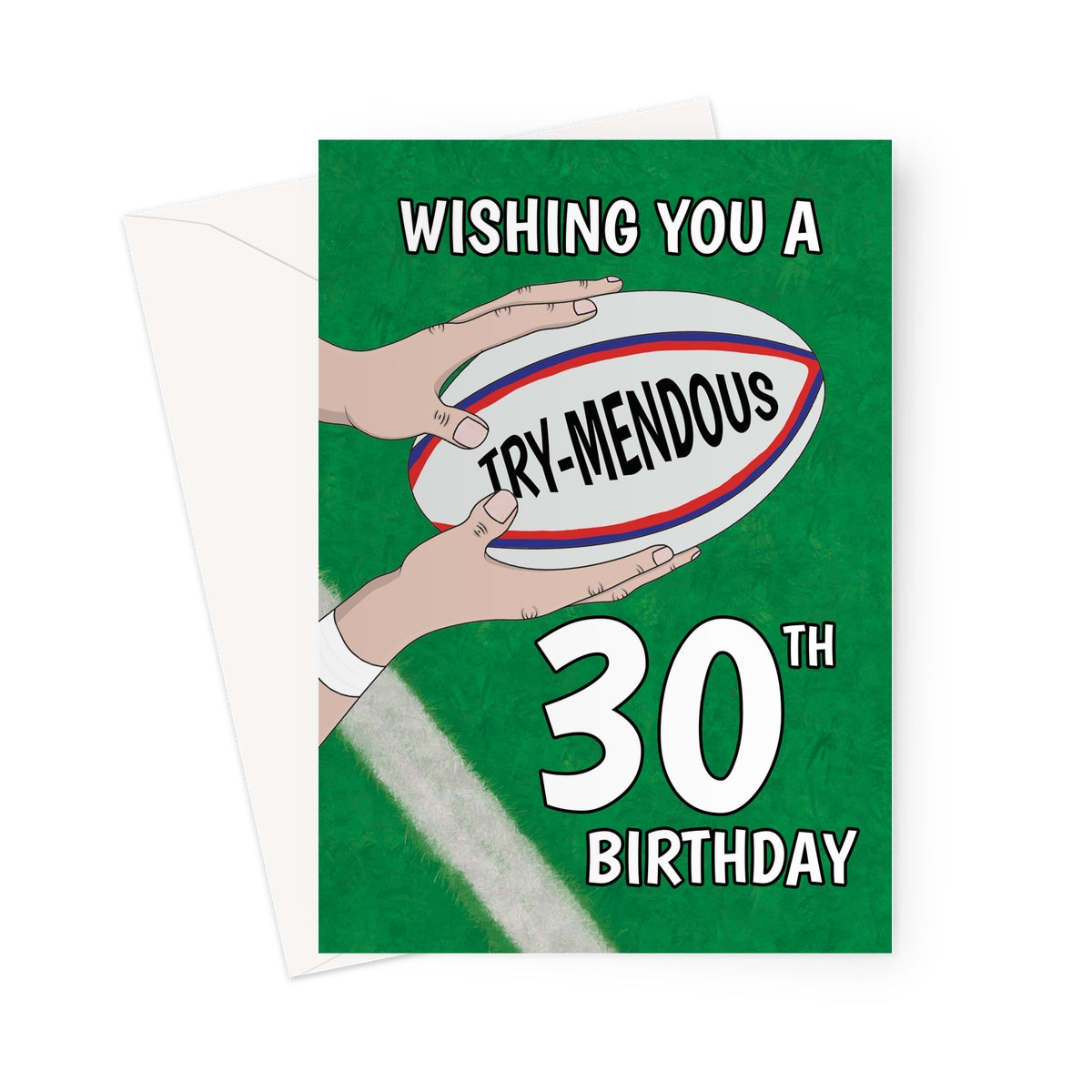 30th rugby birthday card with try-mendous rugby ball design on green pitch background