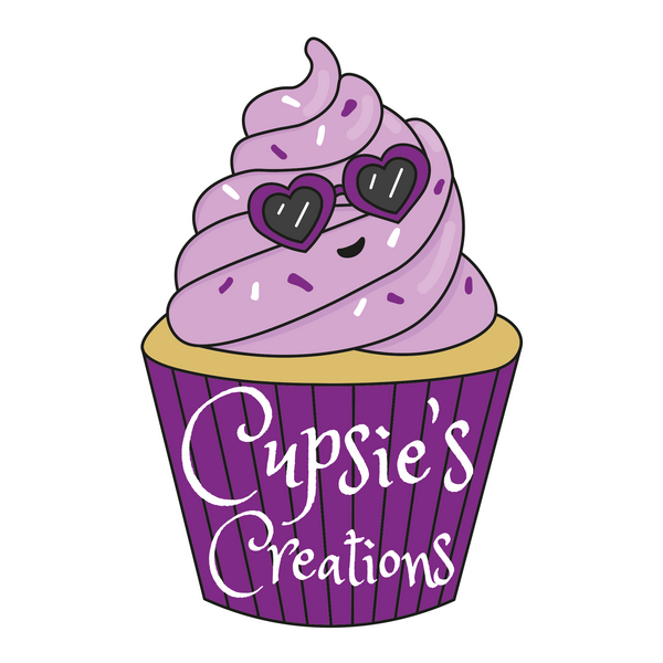Cupsie's Creations Logo - Cool Purple Cupcake With Love Heart Glasses