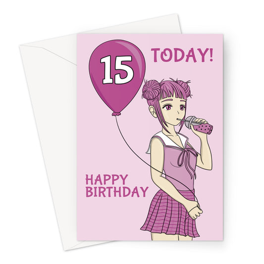 Happy 15th Birthday - Anime Girl Drinking Bubble Tea Card