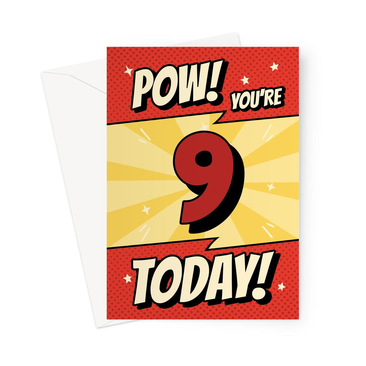 Comic book 9th birthday card with red and yellow “POW! You’re 9 Today!” superhero design