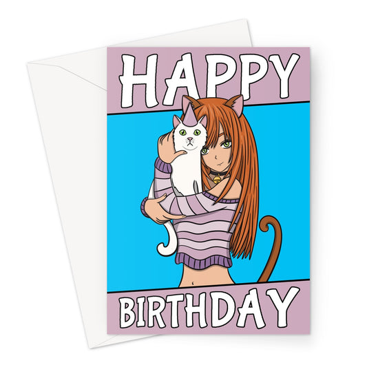Cute Anime Girl Birthday Card - Illustration of a ginger haired girl holding a white cat