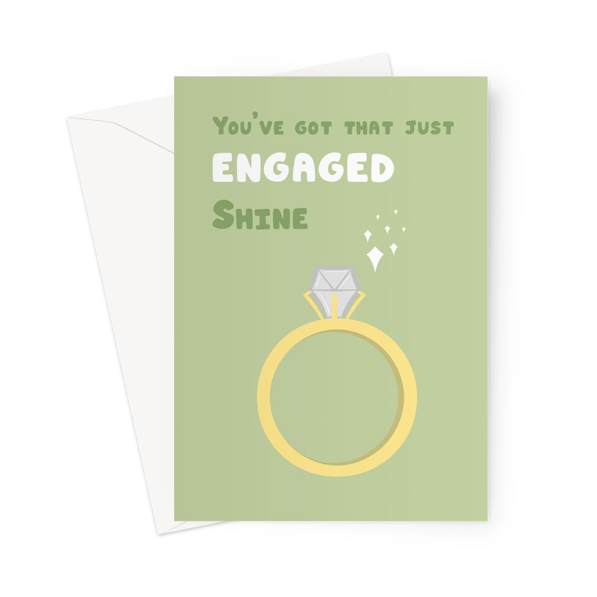 Just engaged greeting card with illustrated gold ring and sparkles on a sage green background