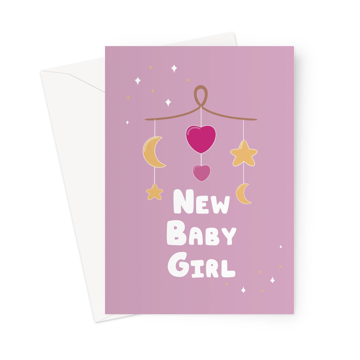 New baby girl greeting card with pastel pink background, hanging moon and star nursery mobile illustration and soft newborn design