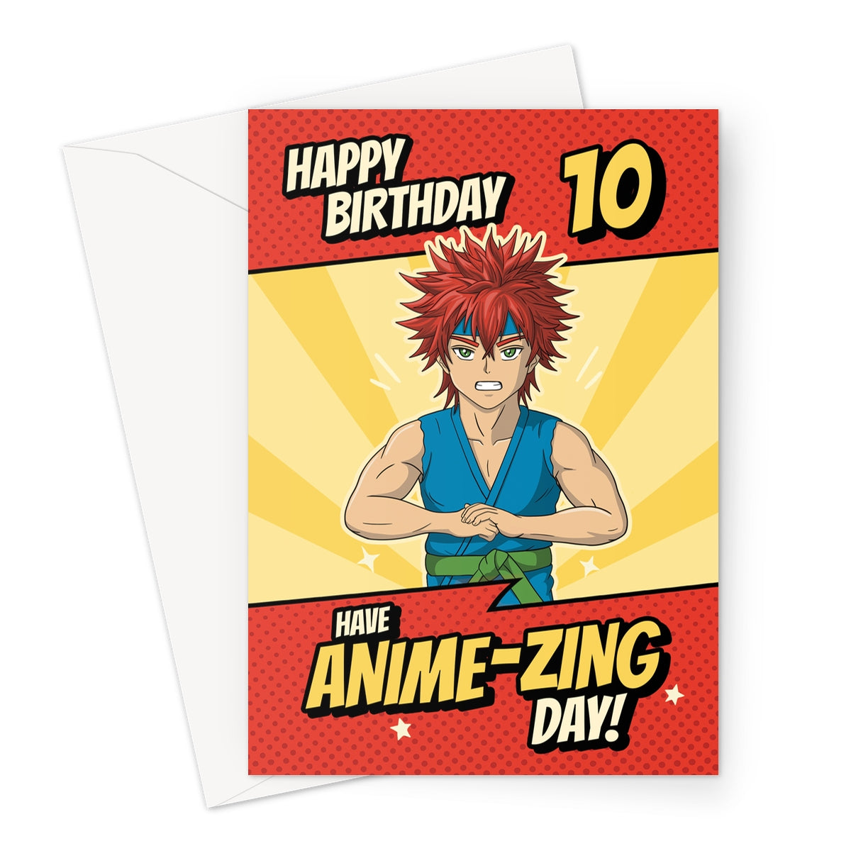 Funny anime 10th birthday card with red-haired manga character and text saying “Happy Birthday 10 – Have an Anime-zing Day!”