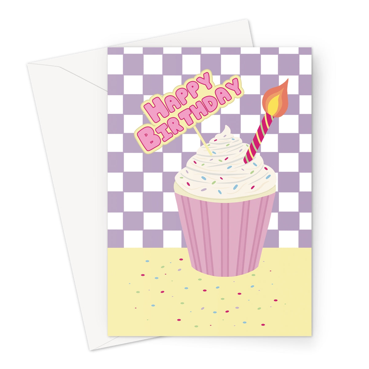 Cute pastel birthday card with cupcake illustration and lit candle on a purple checkered background