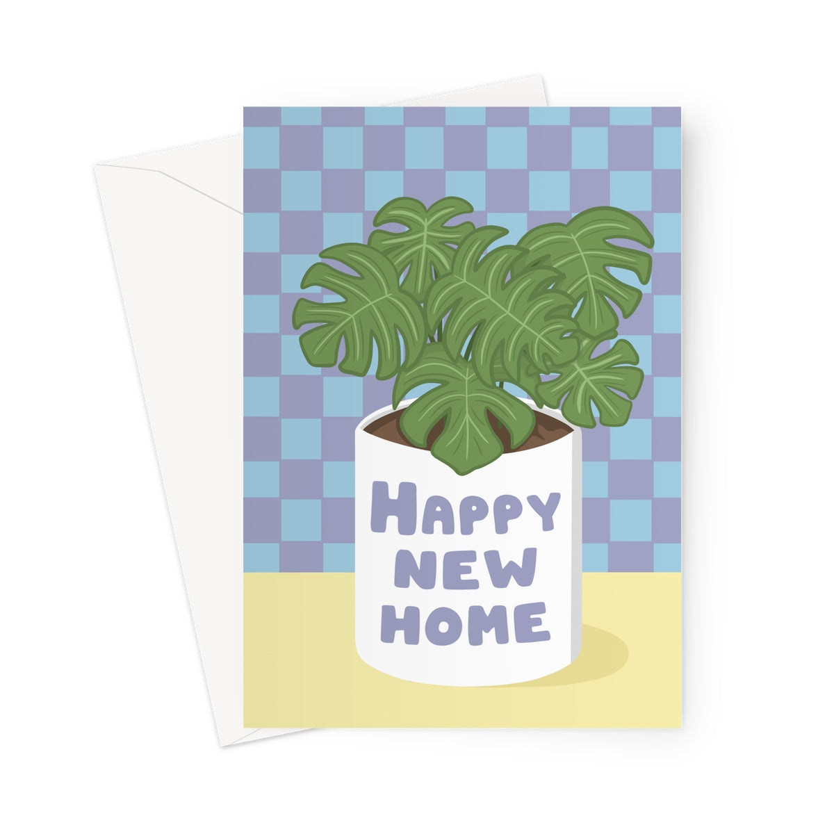 Happy new home greeting card with illustrated houseplant in a white pot, pastel background, new house housewarming card