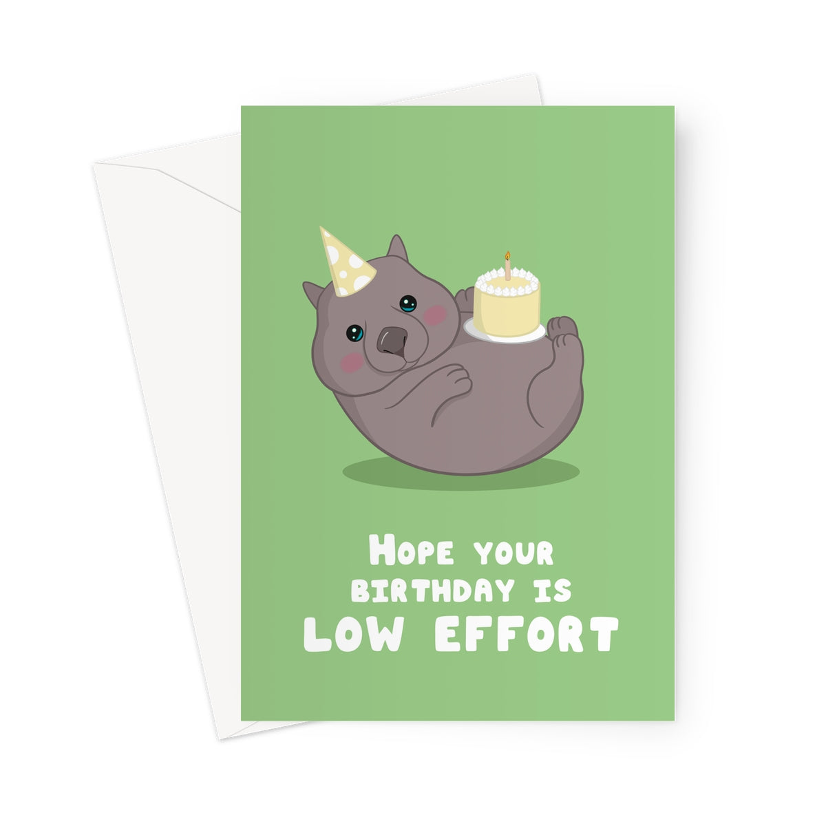 Low effort birthday card with cute illustrated animal wearing a party hat and holding a cake on a green background