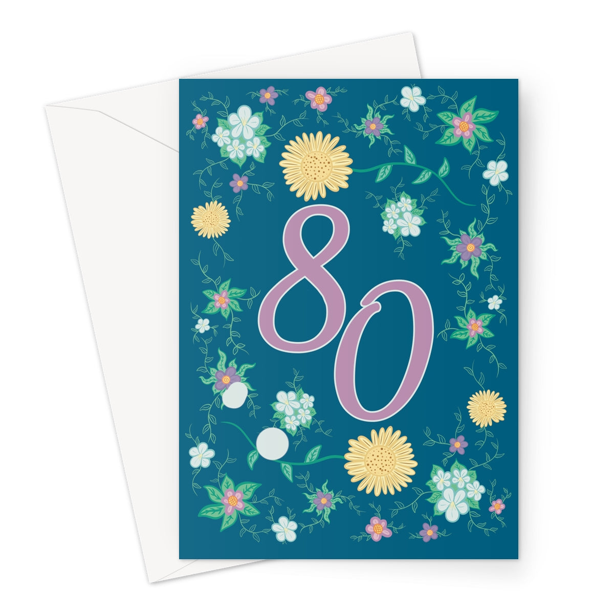 thumbnail image 2 of Floral Birthday Card For 80th Birthday - Special Eightieth Birthday Greeting Card - Paper Cut Flower Wreath Artwork - Purple And White Non 3D Artwork Female Birthday Card 2 of 10