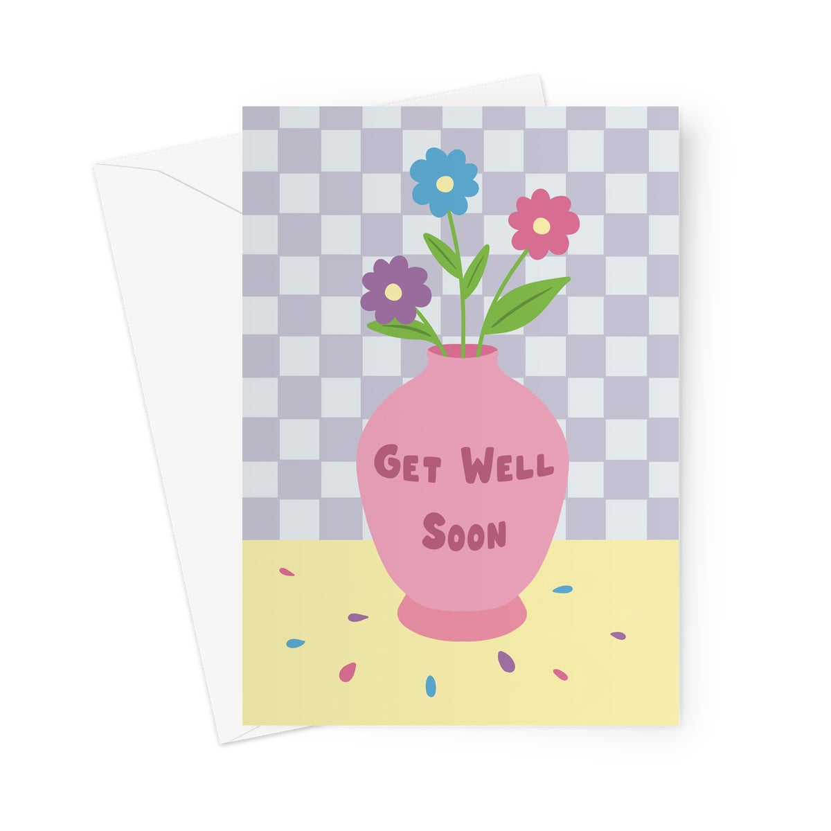 Pastel get well soon card with colourful flowers in a pink vase on a soft checkered background