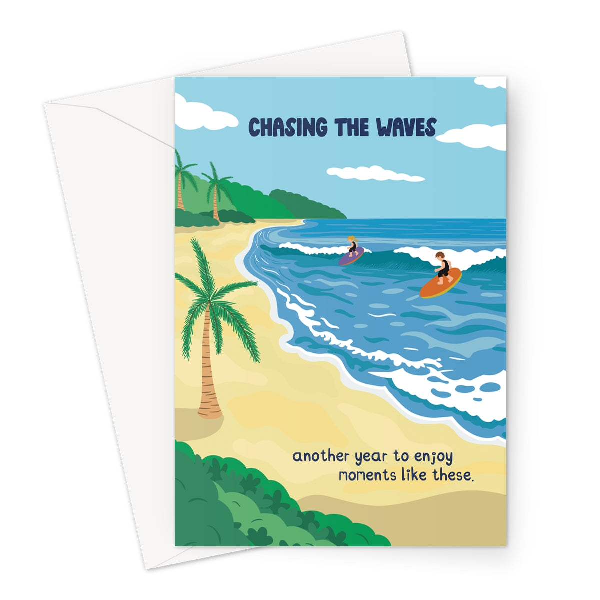 Scenic beach birthday card with surfers riding waves and coastal illustration