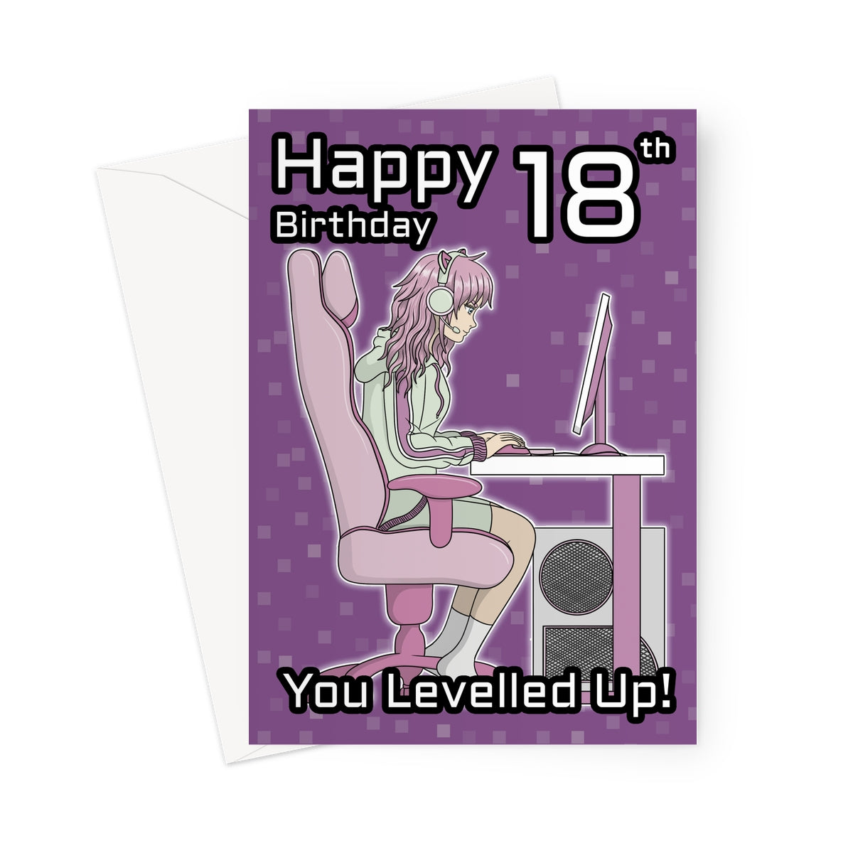 Anime-style gamer girl 18th birthday card with pink gaming setup and "You Levelled Up!" message