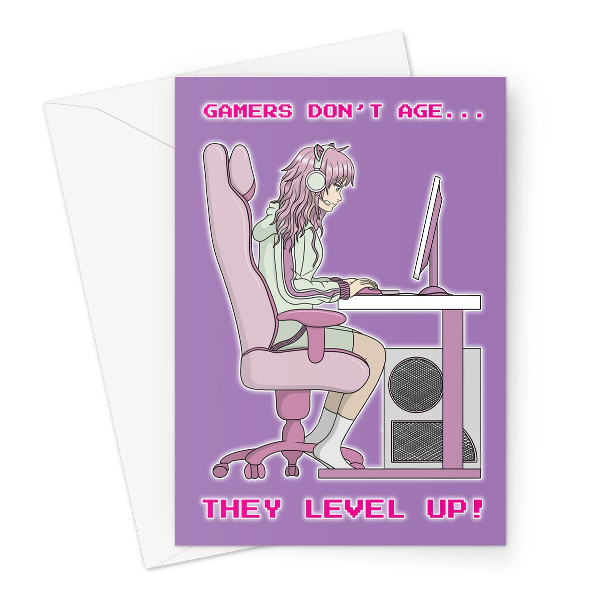 Funny girl gamer birthday card with anime gamer girl at desk and text “Gamers don’t age, they level up”