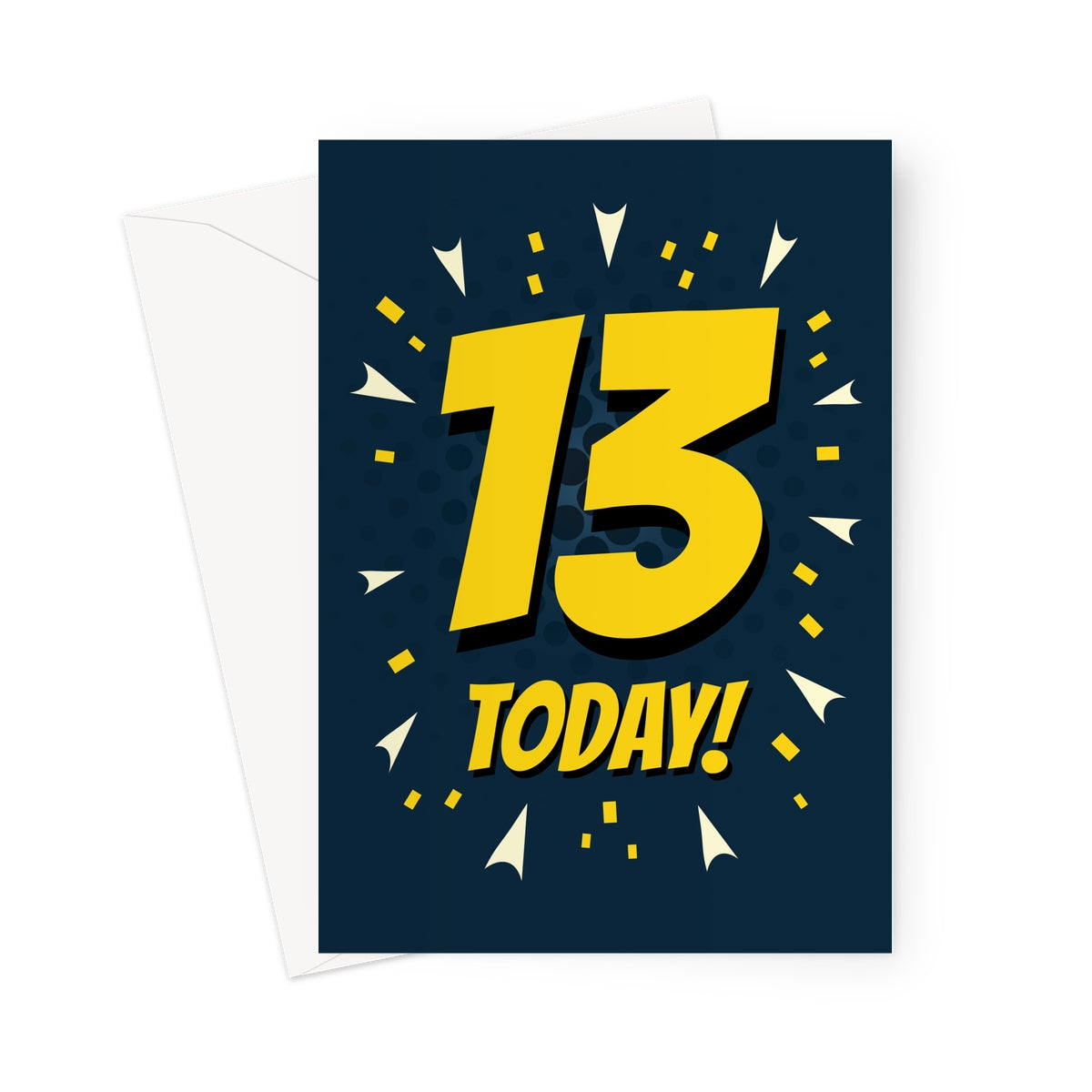 A fun and energetic card that makes turning thirteen feel extra special. Great for boys or girls who enjoy bold, graphic artwork and vibrant colour.