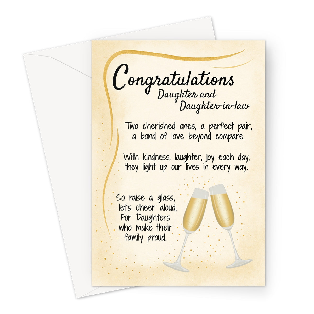 Wedding congratulations card for daughter and daughter-in-law with golden champagne glasses and heartfelt poem. Inclusive LGBTQ+ wedding card with elegant accents.