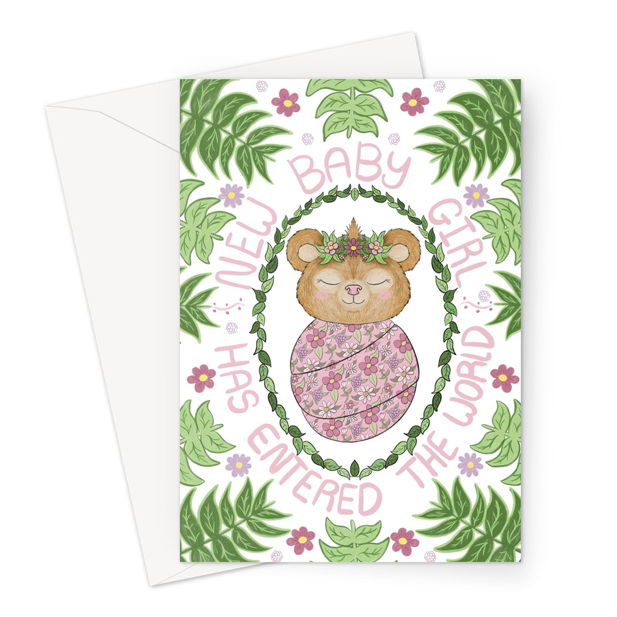 New baby girl card with hand-drawn baby bear wrapped in pink floral swaddle, surrounded by green leaves and flowers. Text reads “New Baby Girl Has Entered the World.”