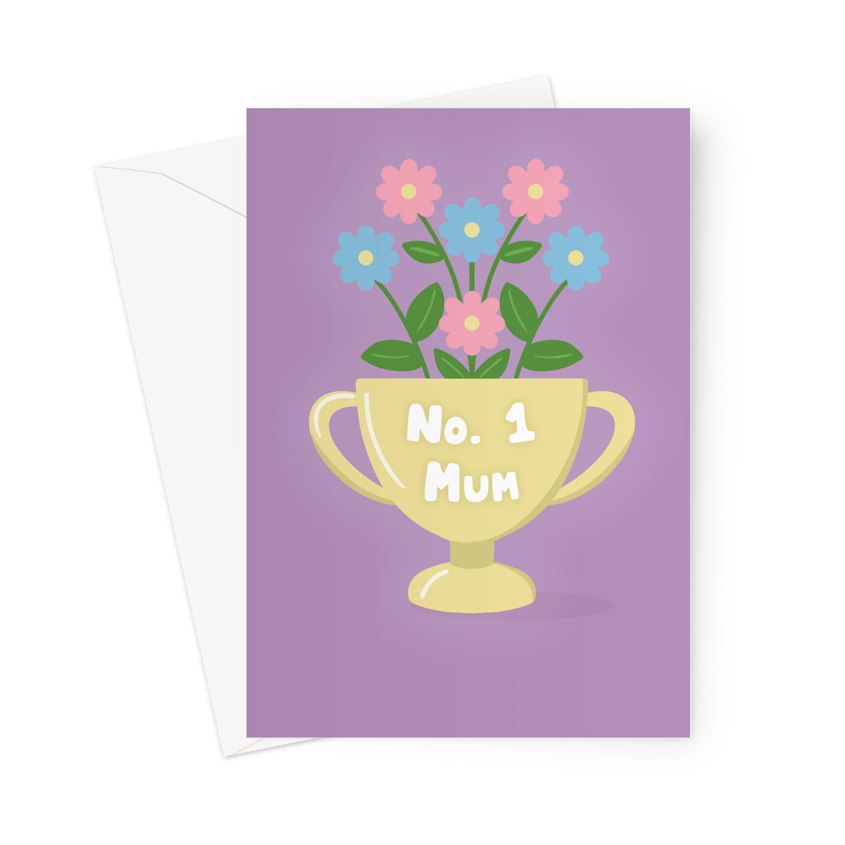 No.1 mum greeting card with illustrated trophy filled with pastel flowers on a purple background