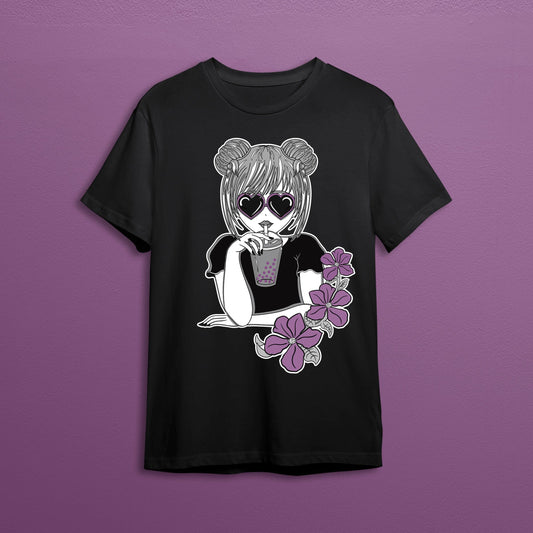 Cute girl drinking boba bubble tea graphic on a black t-shirt.