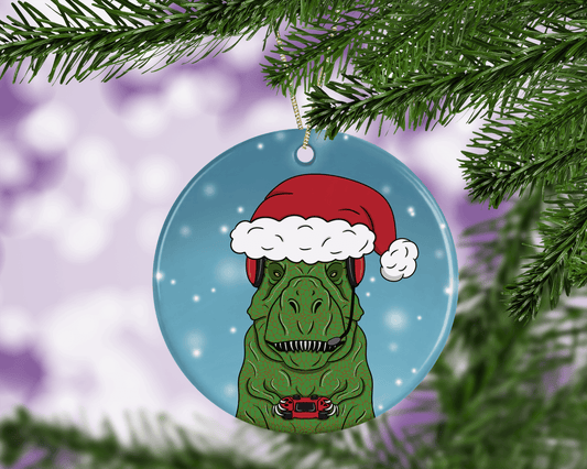 A funny dinosaur video gamer Christmas tree decoration.