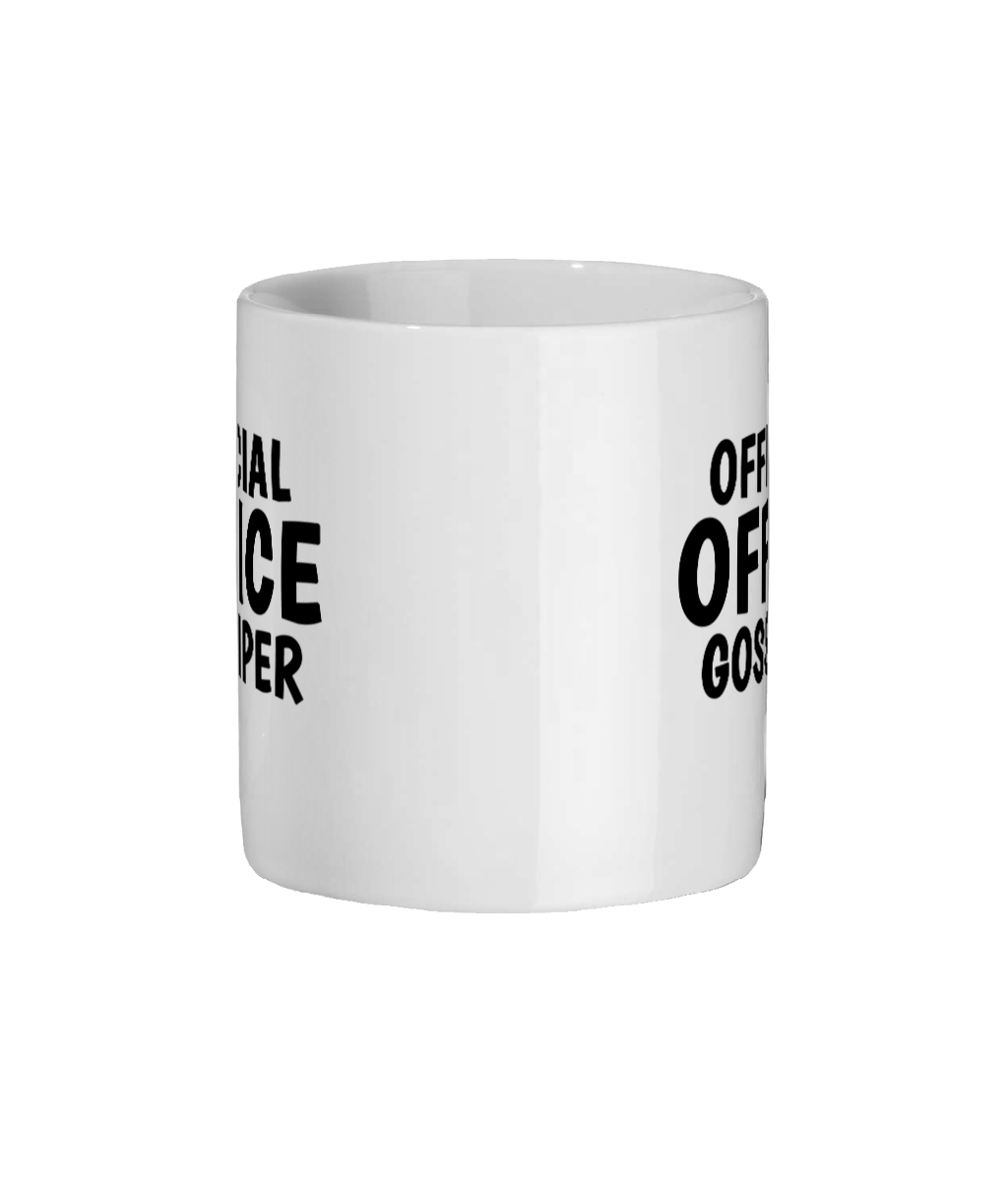White mug with black text on a white background