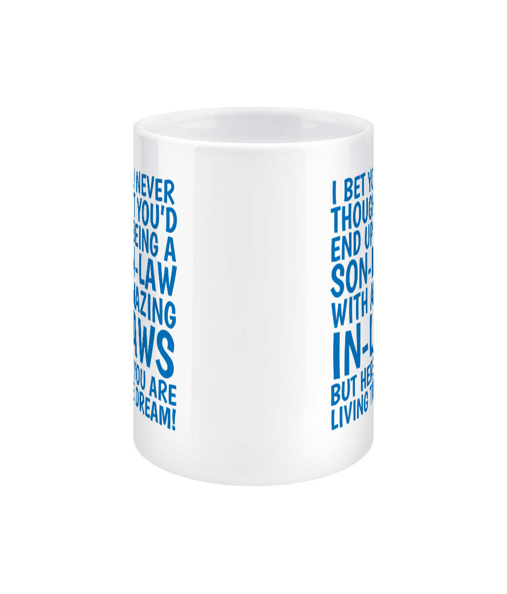 White mug with blue text on a white background