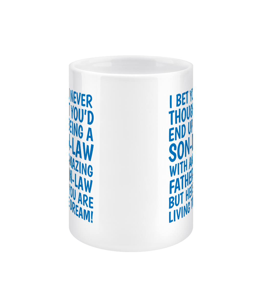 White mug with blue text on a white background