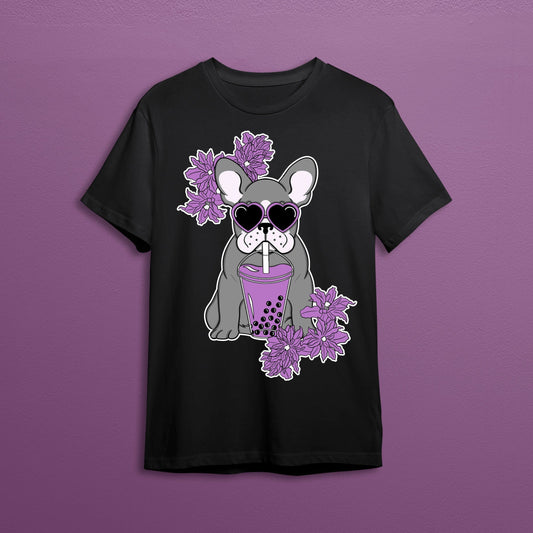 Cute French Bulldog graphic with purple flowers on a black T-shirt.