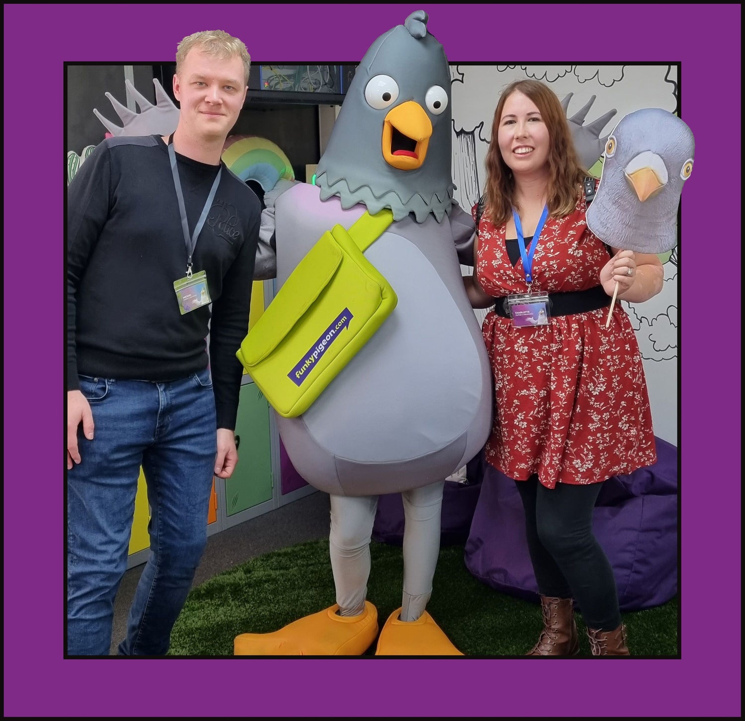 Charlotte Rowlands & Michael Rowlands standing with the Funky Pigeon mascot and their headquarters in Bristol. 