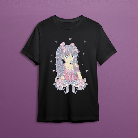 Harajuku Anime Girl illustration on a black T-shirt