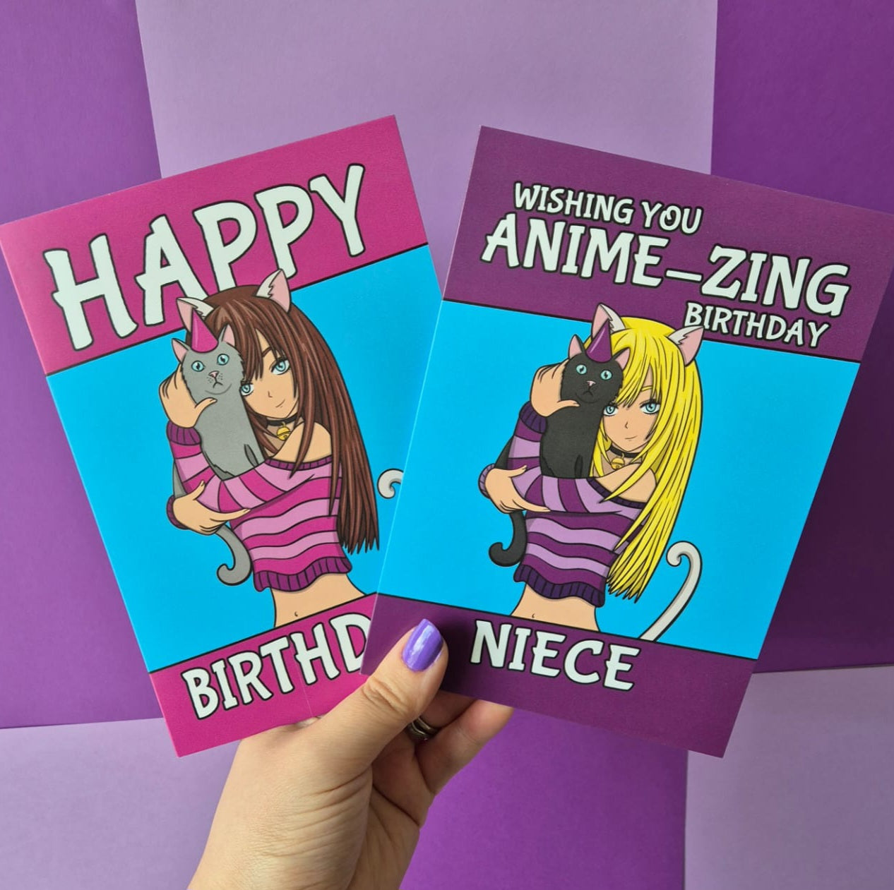 Pink And Purple Anime Girl Birthday Cards For Niece