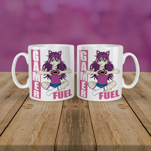 Gamer fuel tea mug with an illustration of a purple gamer girl.
