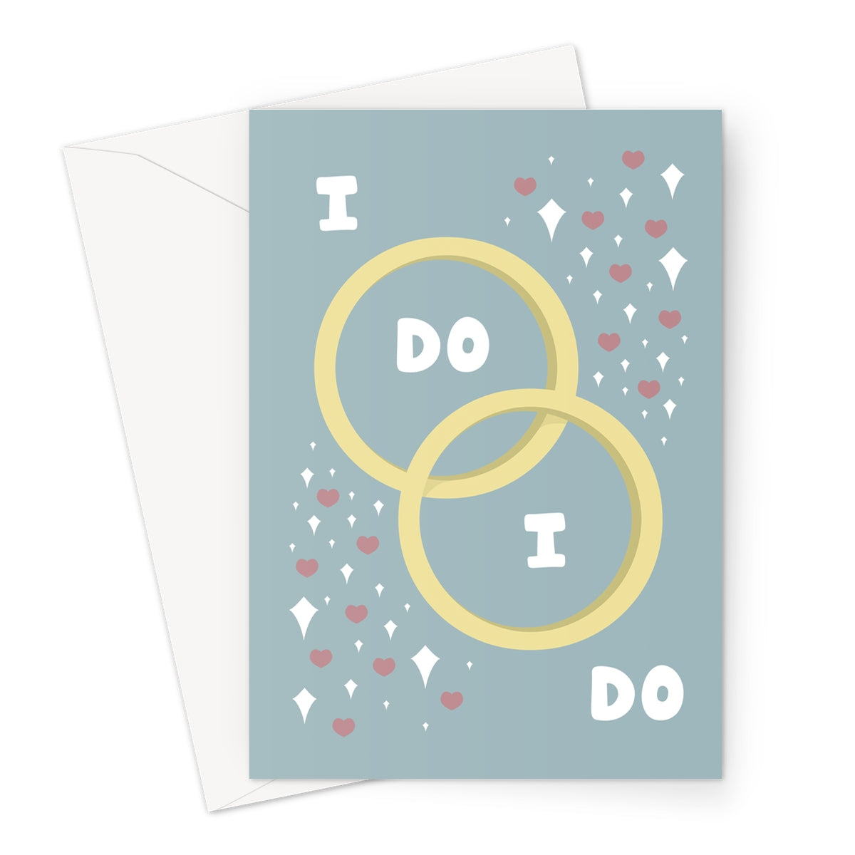 I do i do greeting card with interlinked gold rings, hearts and sparkles on a blue background
