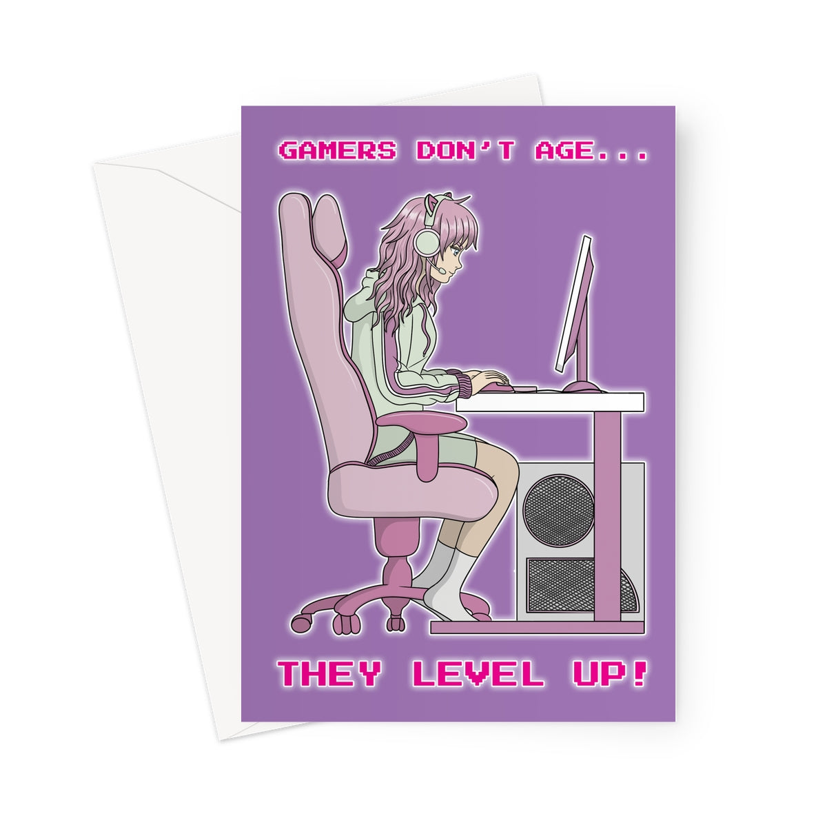 Funny girl gamer birthday card with anime gamer girl at desk and text “Gamers don’t age, they level up”