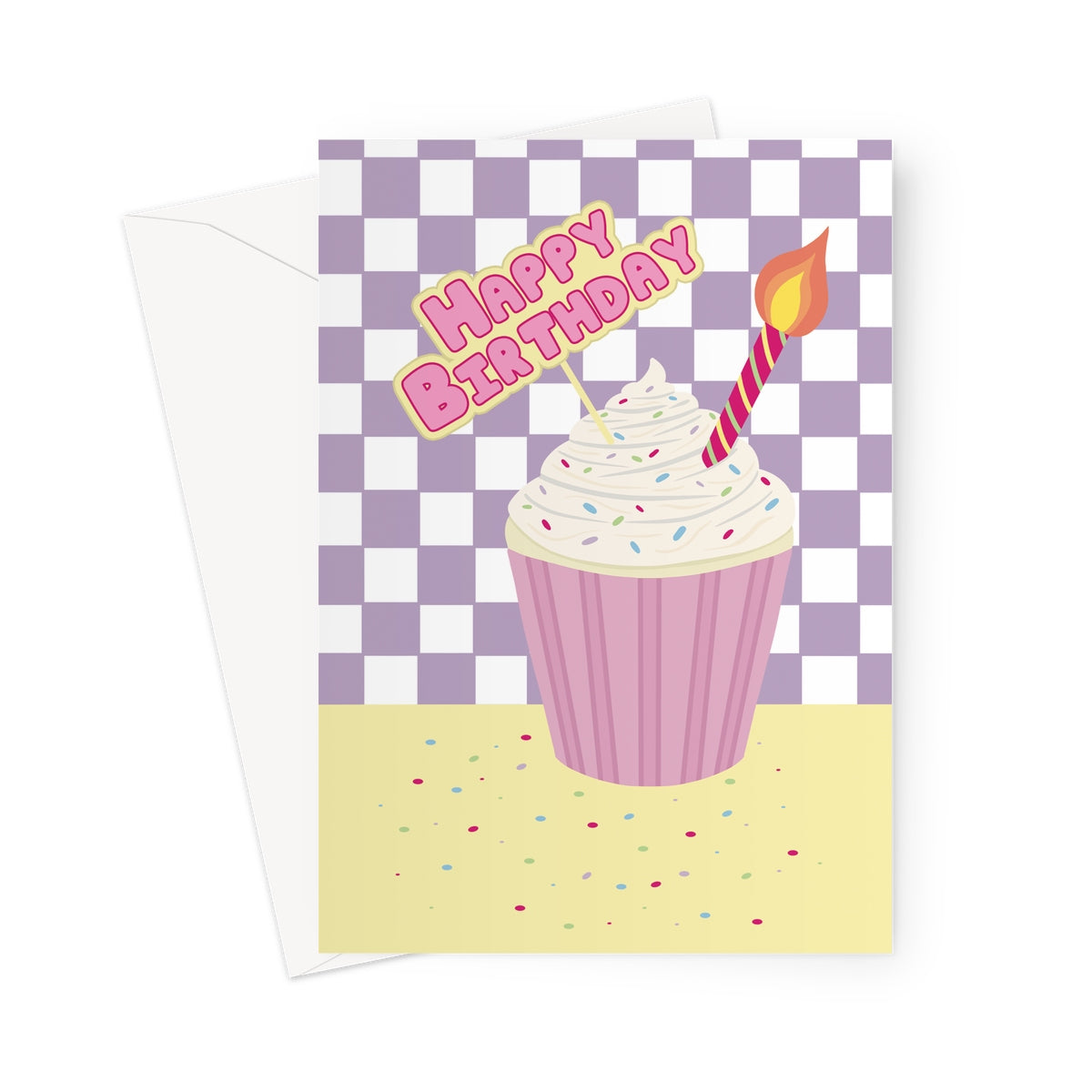 Cute pastel birthday card with cupcake illustration and lit candle on a purple checkered background