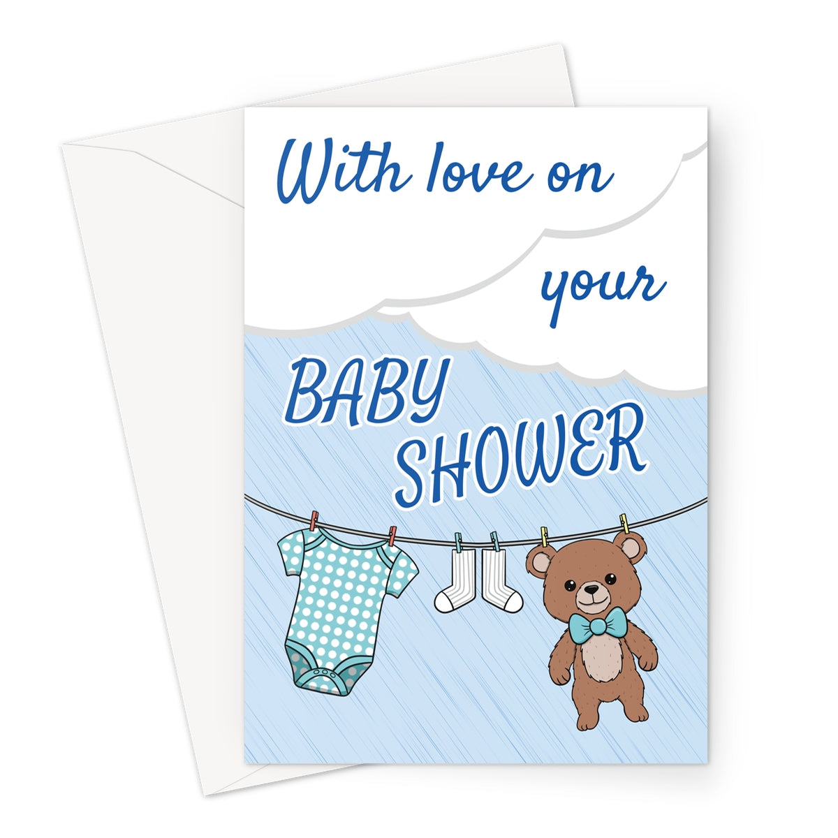 Baby shower card for boy with blue baby clothes and teddy bear on washing line, text reads "With love on your baby shower"