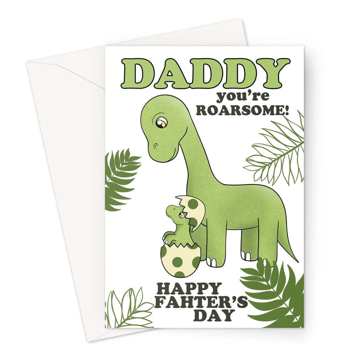 Cute dinosaur Father’s Day card for daddy with baby dinosaur hatching from egg and message “Daddy you’re roarsome! Happy Father’s Day”
