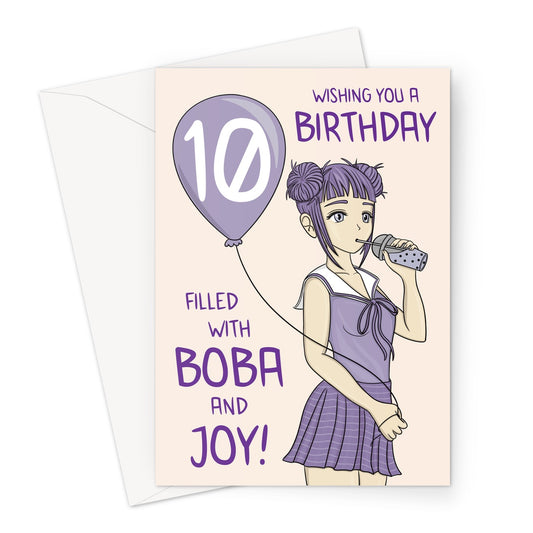 10th Birthday Card For Her - Anime Girl - Bubble Tea