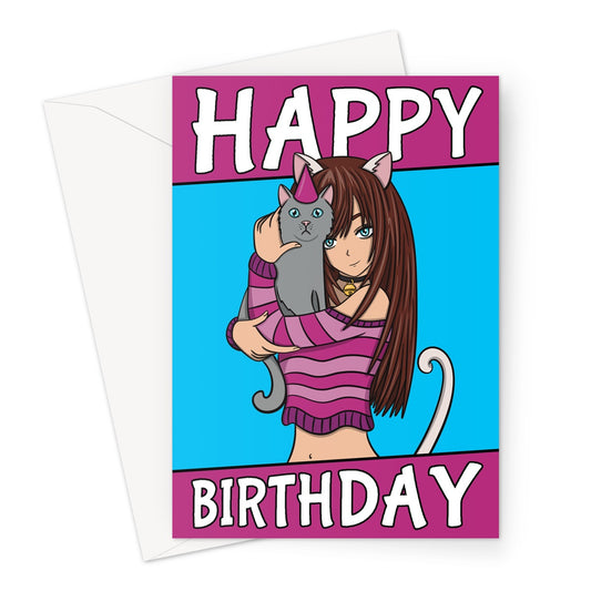 Cute pink anime girl and cat birthday card