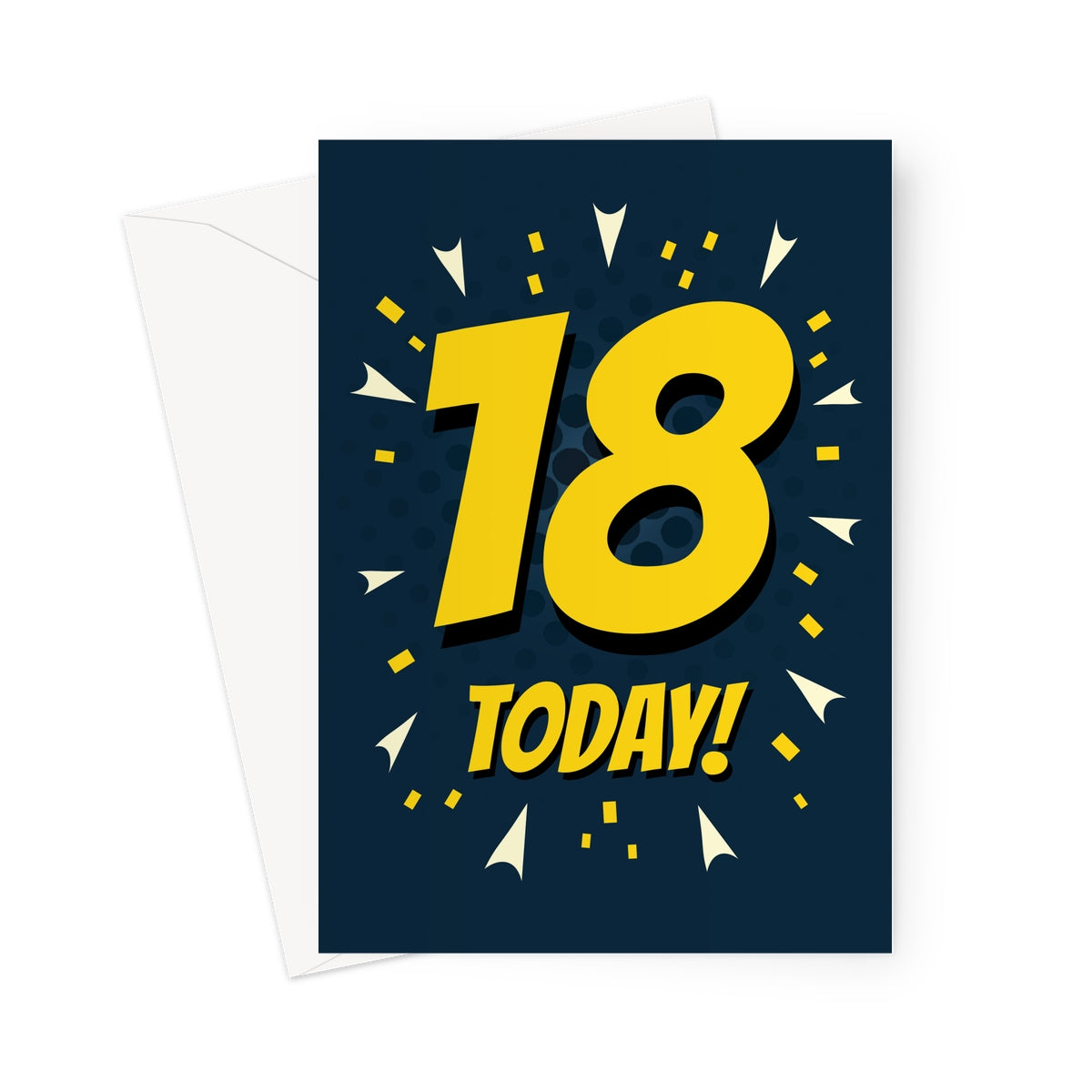 Bold yellow and navy comic-style 18th birthday card with large “18 Today!” text and confetti bursts.