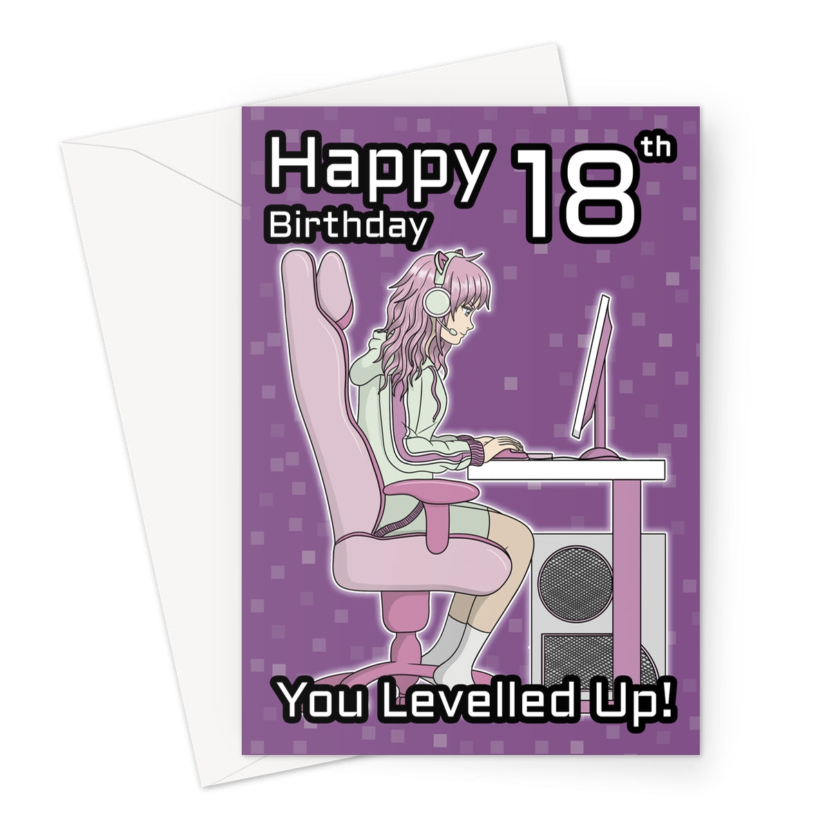 Anime-style gamer girl 18th birthday card with pink gaming setup and "You Levelled Up!" message
