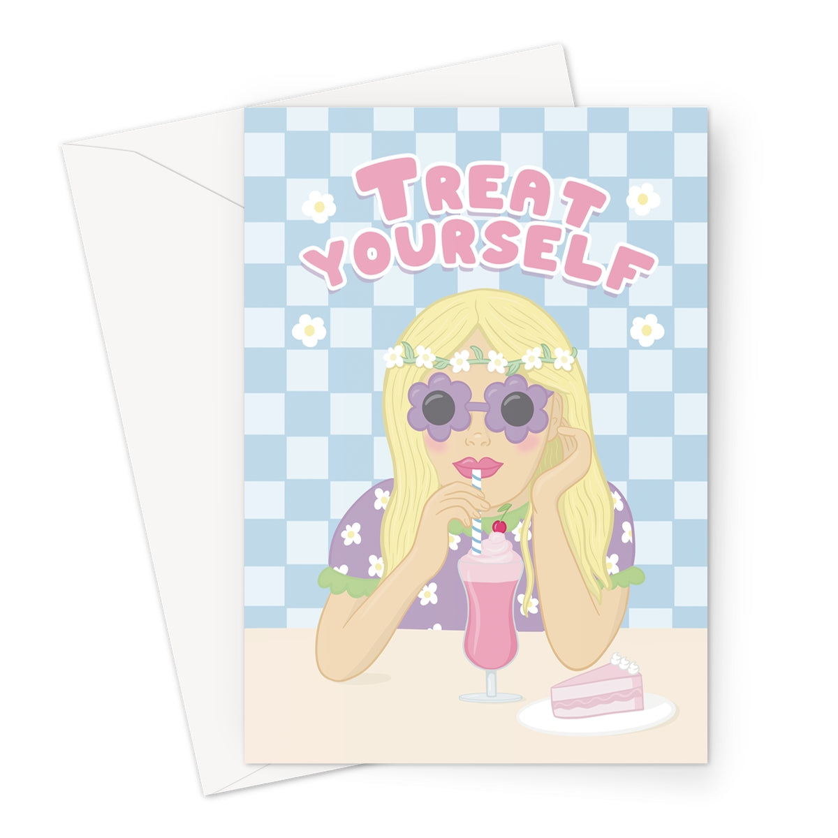 Cute treat yourself greeting card with pastel illustration of a girl wearing flower sunglasses enjoying a milkshake and cake