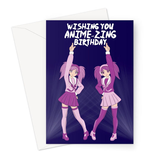A birthday card featuring two purple dancing anime girls.