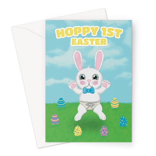 Happy 1st Easter card, boys cute bunny greeting card.