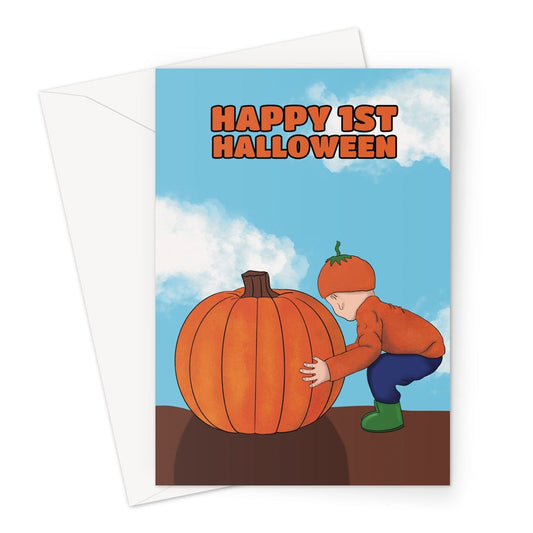A cute first Halloween card with an illustration of a baby trying to lift a large pumpkin.