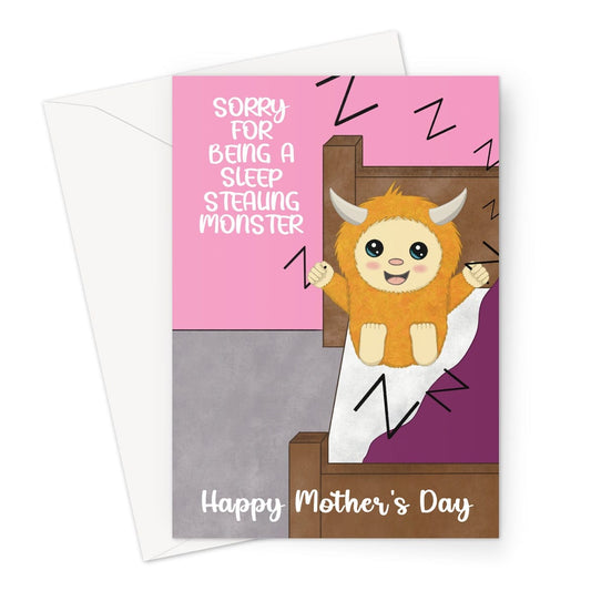 Funny Mother's Day card with a sleep stealing monster illustration.