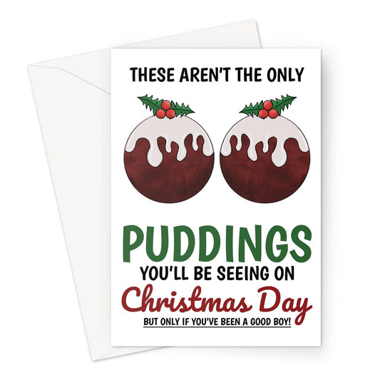 Merry Christmas Card - Naughty Xmas Puddings - A5 Greeting Card