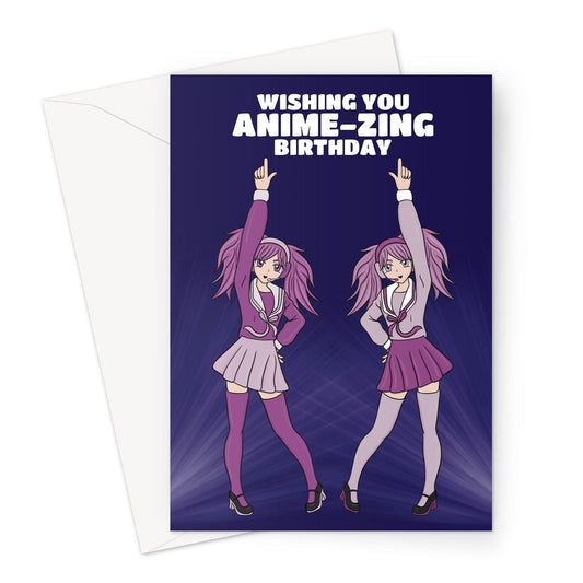 Anime Dancing Harajuku girls birthday card.