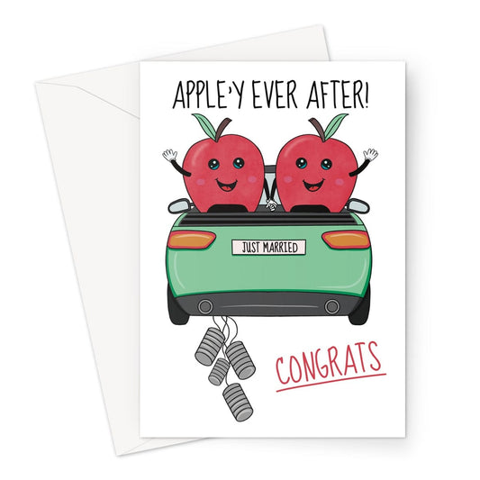 Wedding day congratulations card. Two red apples in a green car driving away. Apple'y ever after!